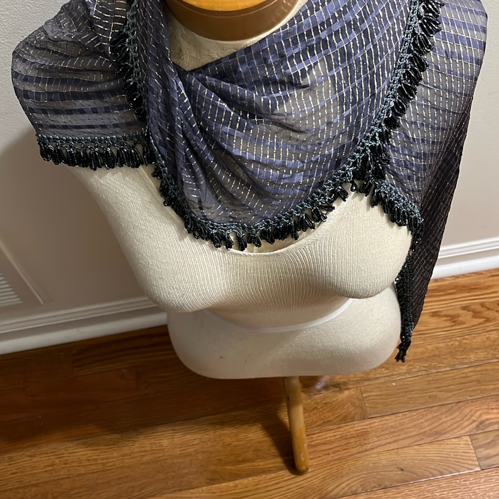Blue/gold shimmy beaded silk scarf can be worn around the neck or on the hips.